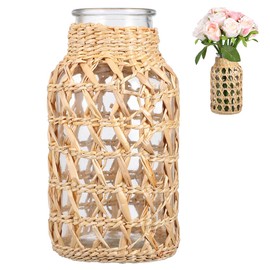 Angoily Glass Flower Vase Rattan Woven Dried Flower Vase Rustic Flower Bottle Floral Arrangement Holder Floral Container for Home Table Centerpiece Party Decor S Light Yellow