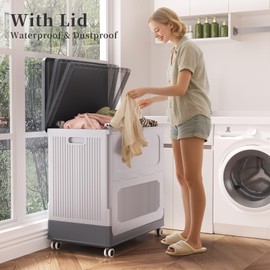 HAIXIN HOME Large Plastic Laundry Hamper with Lid and Wheels, 130L Collapsible Laundry Basket Organizer for Industry, Heavy Duty Rolling Clothes Hamper with Handle for Laundry Room and Bedroom - Grey