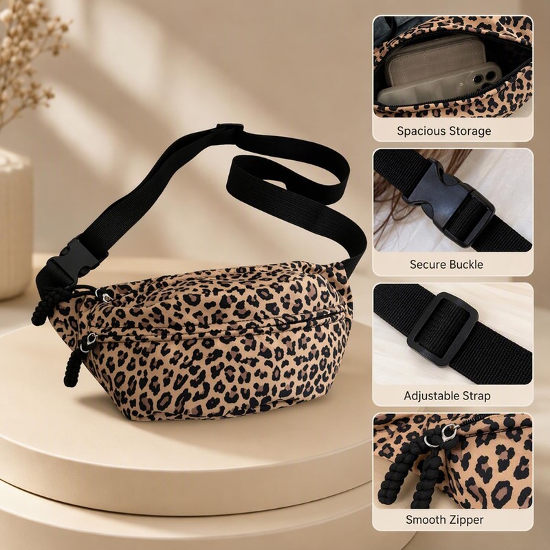 1-Piece Leopard Print Bag, Khaki Animal Print Bum Bag