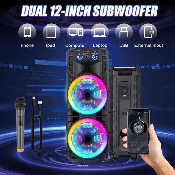 Universal Dual 12" Subwoofers Portable Bluetooth PA Speaker Bass LED