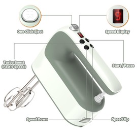 Yomelo 9-Speed Digital Hand Mixer Electric, 400W Powerful DC Motor, Hand Mixer Electric Handheld with Snap-On Storage Case, 5 Stainless Steel Accessories, Beaters, Dough Hooks, Whisk(Light Green)