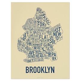Brooklyn Neighborhoods Map Art Poster, Tan & Navy, 18" x 24"