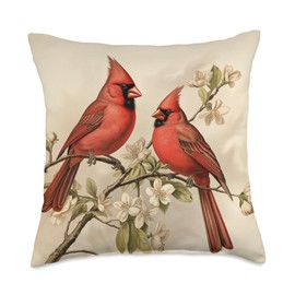 Red Northern Cardinal Birds shoppa Vintage Cute Pair of Red Northern Cardinal Birds Cherry Tree Throw Pillow, 18x18, Multicolor