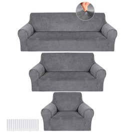 Peryiter 3 Pcs Slipcover Set for Couch Furniture Covers for Sofa Loveseat Couch Arm Chair, Form Fit Stretch, Wrinkle Free, Furniture Protector(Light Gray,Velvet)