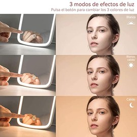 Espejo Maquillaje con Luz LED y Espejo Pequeo 10X Aumentos,Espejo con luz led,Plegable Recargable USB,Interruptor De Pantalla Tctil, 3 Colores Luces  