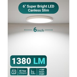 Sunco 24 Pack 6 Inch LED Canless Recessed Lighting, Slim Surface Mount Ceiling Light, Thin Round Flat Panel Fixture, 14W=100W, 1380 LM, Selectable CCT 2700K/3000K/4000K/5000K/6000K, Dimmable ETL