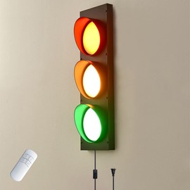 Aeyee Industrial Traffic Light Vintage Stop Light with Remote, Cool Wall Decor LED Wall Sconce Lighting, 18.5" Fun Wall Lamp for Kids Bedroom, Office, Bar (with Plug)