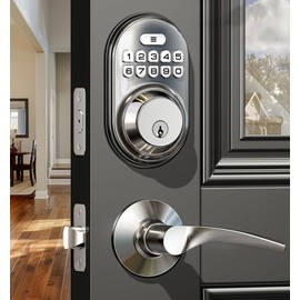 Veise Keyless Entry Door Lock with 2 Lever Handles - Electronic Keypad Deadbolt, Auto Lock, Back Lit & Easy Installation Design, Front Door Handle Sets, Satin Nickel