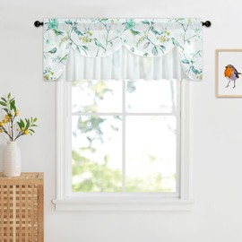 VOGOL Country Bird Printed Valance - 52x18 Inch Dual Layer Window Curtain for Sitting Room, Green Avian Pattern Valances Voile with Faux Linen Backing for Privacy & Style (1 Panel)