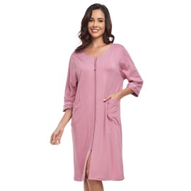 COLORFULLEAF Women's Bathrobe with Zip Lightweight Dressing Gown 100% Cotton House Coat 3/4 Sleeve Nightdress with Pockets, Rose Red