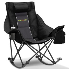 Unisakey Oversized Rocking Camping Chair with Headrest & Cup Holder - 400lbs Capacity, 600D Oxford Fabric, Easy Fold Portable Outdoor Rocker Chair for Camping, Backyard, Beach, Deep Gray