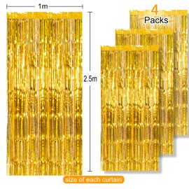 CHRORINE 4Pcs 1m x 2.5m Gold Tinsel Curtains Streamers Backdrop for Gold Party Birthday Engagement Graduation Bachelorette Holiday Party Decorations