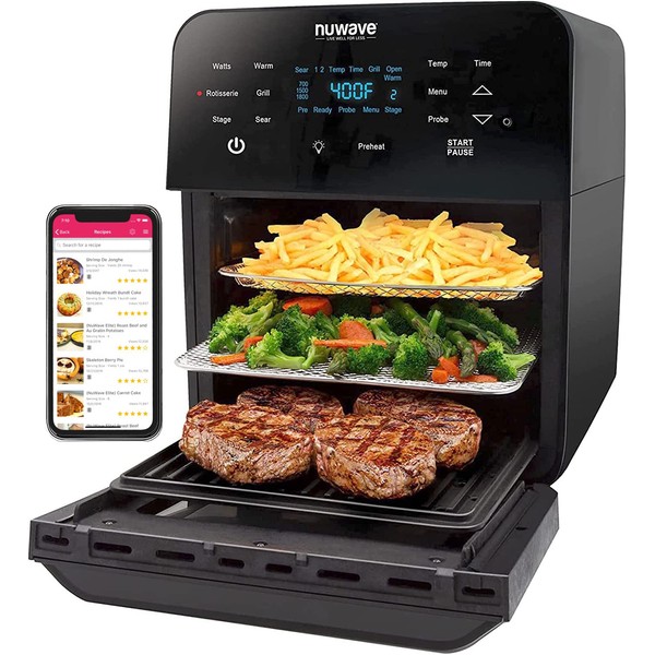 Nuwave Brio 15.5Qt Air Fryer Rotisserie Oven, X-Large Family Size, Powerful 1800W, 4 Rack Positions, 50°-425°F Temp Controls, 100 Presets & 50 Memory, Integrated Smart Thermometer, Linear T Technology