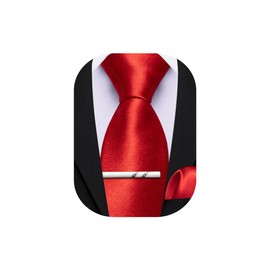 Barry.Wang Men's Solid Color Extra Long Tie and Pocket Square Tie Clip Set in Gift Box Satin Formal Red Necktie Wedding
