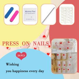 Valentines 3D Press on Nails Short Square Red Hearts Fake Nails with Design Love Shape False Nails Glitter Diamond Valentines Nails Short Acrylic Glue on Nails Winter Stick on Nails for Women 24Pcs