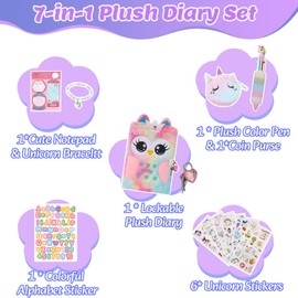 Dzlvaier Diary with Lock for Girls – Girls Journal Set, Cute Lockable Diary with Accessories,Locking Cute Fuzzy Notebook with Multicolors Pen and Purse-Rainbow Owl