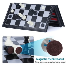 3-in-1 Magnetic Chess Game, FISHOAKY Chess/Lady/Backgammon Travel Set, Foldable Chess Board, Black and White, 25 × 25 cm, for Children, Adults, Family, Christmas, New Year