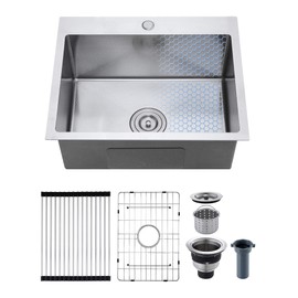 ROVOGO 22x18x9 Inch Drop-In 304 Stainless Steel Kitchen Sink, Single Bowl with Honeycomb Embossed Anti-Scratch Surface, Self-Rimming Top Mount, Includes Drying Rack, Bottom Grid & Drain - Brushed