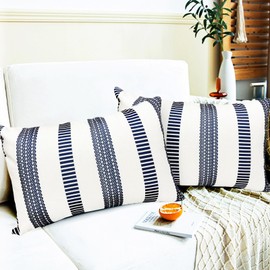 RYSMIYOU Decorative Throw Pillow Covers Set of 2 Blue pillow covers 12x20 inch Throw Pillow Cases Linen Square Pillow Case,Farmhouse Outdoor Modern Boho Striped Pillow Covers for Couch Sofa Livingroom