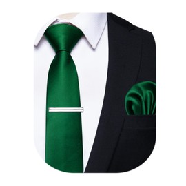 YourTies Skinny Ties for Men Satin 2.4" Slim Necktie with Pocket Square Tie Clip Set Solid Color Wedding Party Business, Emerald Green, One Size