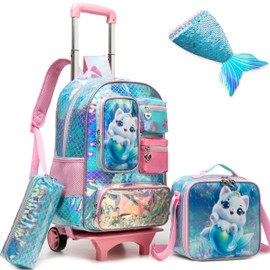 Meetbelify Cute Cat Rolling Backpack for Girls Backpack with Wheels for Elementary Student Kids School Bag with Lunch Box Pencil Case for Girls Ages 6-8 Years Old