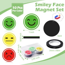 30 Pcs Smiley Face Magnet Red Yellow Green 1 inch Happy and Sad Face Magnets with 3 mm Black Pinstripe Tape 1/8 Clear Storage Box Small for Whiteboard Refrigerator Classroom Office Presentations Home