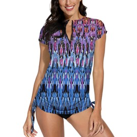BesserBay Women's Surf Shirt Swimwear Rash Guard UV Shirts with Short Sleeves and 1/4 Zip Surf Shirt Swimming Tankini UPF 50+ Multicoloured XS - XXL, Blue pattern, xl