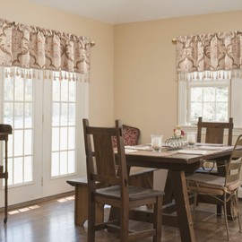 Loom and Mill Luxury Jacquard Valances for Living Room Kitchen Window, Vintage Floral Damask Window Curtain Valance with Tassels, Rod Pocket Short Curtain 1 Panel for Bedroom (Light Khaki,54"x18")