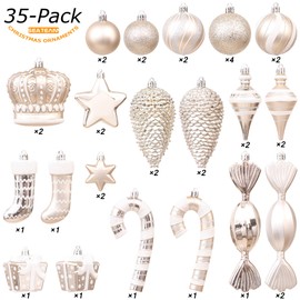 Sea Team 35-Pack Assorted Shatterproof Christmas Ball Ornaments Set, Baubles, Candy Canes, Stockings, Pinecones, Crowns, Pendants, Finial Drops, Xmas Tree Decorations, Champagne