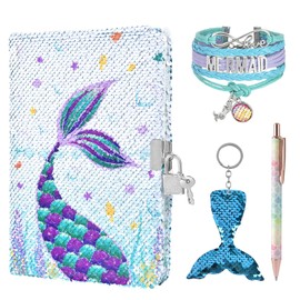 Sequins Notebook Set - Sparkly Mermaid Journals Unique Gift for Girls Travel School Office Notepad Memos A5 Diary Notebooks Pen Bracelet Key-chain with Locks and Keys