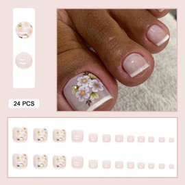 24 PCS Press on Toenails French Toenails Flower Toenails Wearable Fake Toenails Gifts for Women and Girls (No.19)