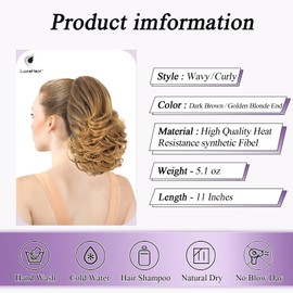 LuxeHair 11” Classic Loose Curly Claw Clip In Ponytail Extension, Short Curly Wavy Claw Clip On Ponytails Hair Extensions Hairpieces for Women- Dark Brown/Golden Blonde End