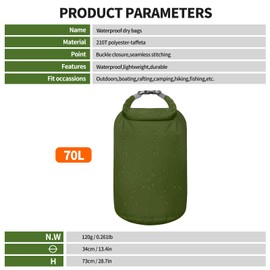 Desoto Waterproof Dry Bag Rucksack Beach Bag Superb Waterproof Bags for Water Sports Boating Canoeing Rafting Camping,Compression Bags for Daily Storage(Army Green 70L)