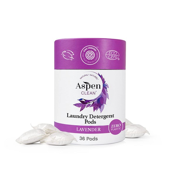 Lavender Laundry Pods by AspenClean, New and Improved Packaging, Zero Plastic, EWG Verified™, Vegan, Hypoallergenic Natural Laundry Detergent - 36 Count