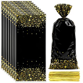 Black Gold Party Favor Bags, 100 PCS Black Gold Treat Bags, Plastic Star Dot Candy Cookie Goodie Gift Bag Holiday Snack Treat Bag with Gold Twist Tie for Graduation Birthday Wedding Party Favor Supplies