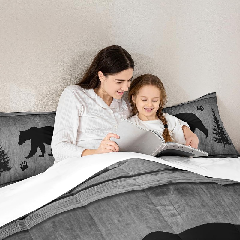 Manfei Rustic Bear Comforter Set Queen Size, Black Trees Deer
