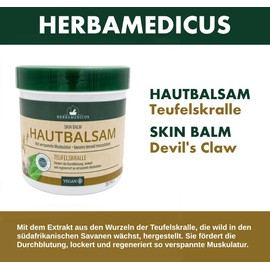 HERBAMEDICUS Devil's Claw Skin Balm, Loosens and Regenerates Muscles and Joints through Improved Blood Circulation, for Muscle Relaxation and Back Pain, 100% Vegan, Made in Germany, 250 ml