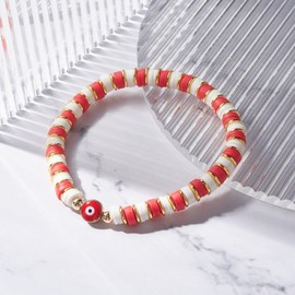 Hemasa Red Colour Polymer Clay Heishi Beads with Synthetic Hematite evil eye Beads Stretchable Bracelet For Girls/Women