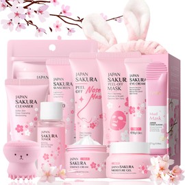 Sakura Gesichtspflege Skincare Set 11 Stück - Japan Sakura Skincare Set - Anti-Aging Euchtigkeit Geschenkset Frauen Teenager Mädchen Geschenke - Beauty Set mit Reiniger, Creme, Toner,Maske,Sonnencrem