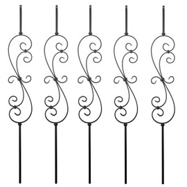 S10 - Wrought Iron Balusters – Set of 5 Deck Balusters - Decorative Metal Balusters for Decks – S Scroll - 1/2-inch Hollow Iron Spindles – Satin Black Metal Railing