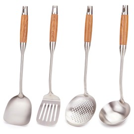 FJNATINH Wok Utensils for Carbon Steel, Stainless Steel Wok Spatula Metal Set, 4-Pieces 14-15 Inch Extra Long, Wok Tools Professional Set, Wooden Handle Skimmer, Soup Ladle, Slotted Turner