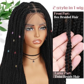 Fancy Hair Braided Wig Square Knotless Long Twist Braided Wigs with Baby Hair Full Double Lace Synthetic Glueless Braids Wig for Black Women 30 inches (2 style in 1)