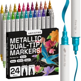 ARTISTRO 24 Acrylic Paint Pens, Art Set Acrylic Paint Markers Dual Tip (Brush + Fine 1mm), Acrylic Markers for Fabric, Canvas, Rock, Glass, Wood, Paper, DIY, Paint Markers Metallic