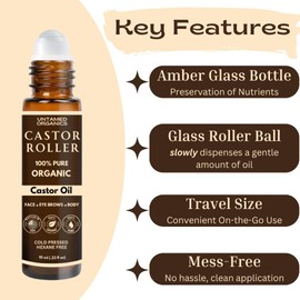 Untamed Organics Untamed Organics 100% Organic Castor Oil Roll On For Eyebrows, Lips, Under Eyes, Eyelashes, Cuticles - Mess Free Roller Ball - Certified Organic, Cold Pressed, Hexane Free - Travel Sized Glass Bottle
