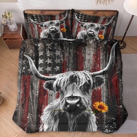 WeCozy Queen Size Comforter Set with 2 Pillowcases, Highland Cow Animal 3 Pcs Bedding for Kids and Adults, Buffalo Bull Farm American Flag Soft Comforter Set for Bedroom Bed Decor