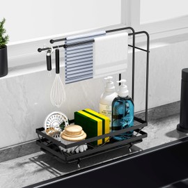 VANZBON Sponge Holder for Kitchen Sink,Countertop Kitchen Sink Sponge Caddy Stainless Steel,Soap and Brush Holder with Hanger,All in 1 Kitchen Sink Organizer with Drain Tray,Fast Drying,Large,Black