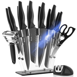 Wanbasion 16pcs Black Kitchen Knife Set with Block, Stainless Steel Knives Set for Kitchen, Professional Chef Knife Sets for Kitchen with Sharpener Acrylic Block