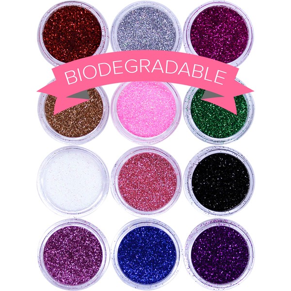 Biodegradable Glitter for Gel Nail Art Pots Set, Ultra FINE DUST Powder, Face Paint Makeup, Hair, Shellac Nail Polish Craft, Festival Party Colors | Brush Body Tattoos Make Up Sets for Kids Children