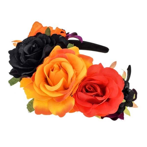 Vividsun Rose Flower Headband Floral Crown Day Of The Dead Headpiece (Orange black)