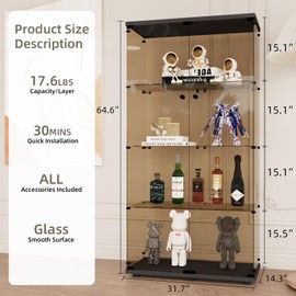 Beauty4U Glass Display Cabinet with 4 Shelves, 2 Doors Curio Cabinets for Living Room, Bedroom, Office, 5mm Brown Tempered Glass Floor Standing Bookshelf, Quick Installation